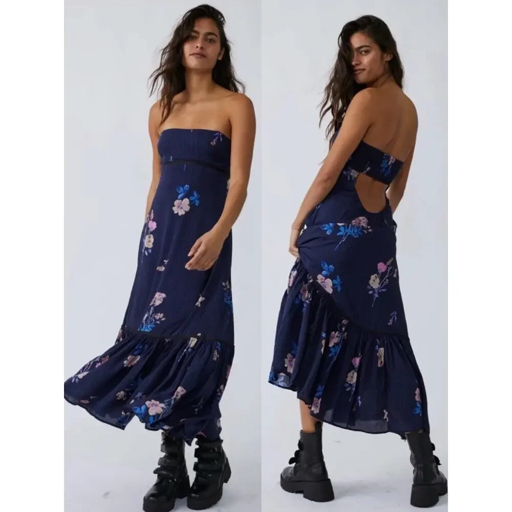 Free People Bohemian Rosie Posie Strapless Midi Dress Blue Floral Size Medium